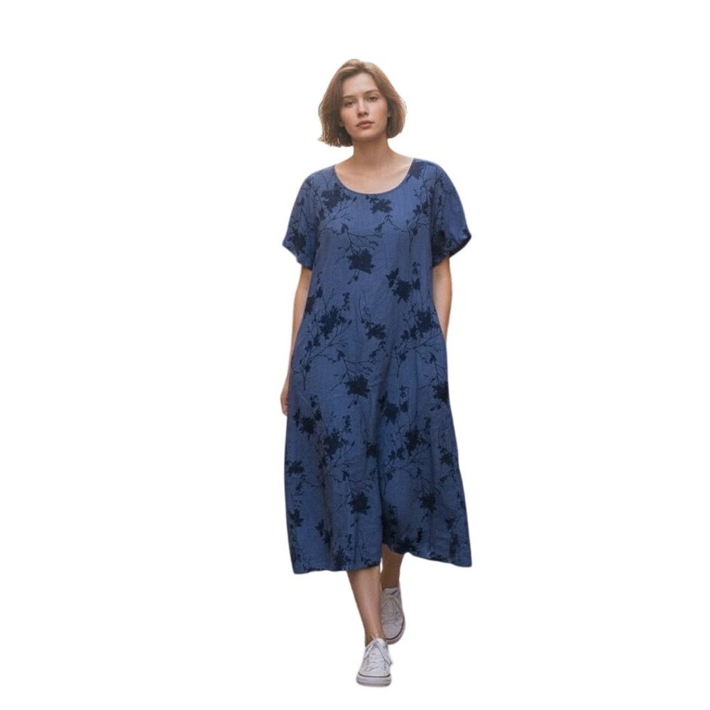 Coldwater Creek Floral Midi Dress Womens Blue Linen Blend Boho SIZE Medium